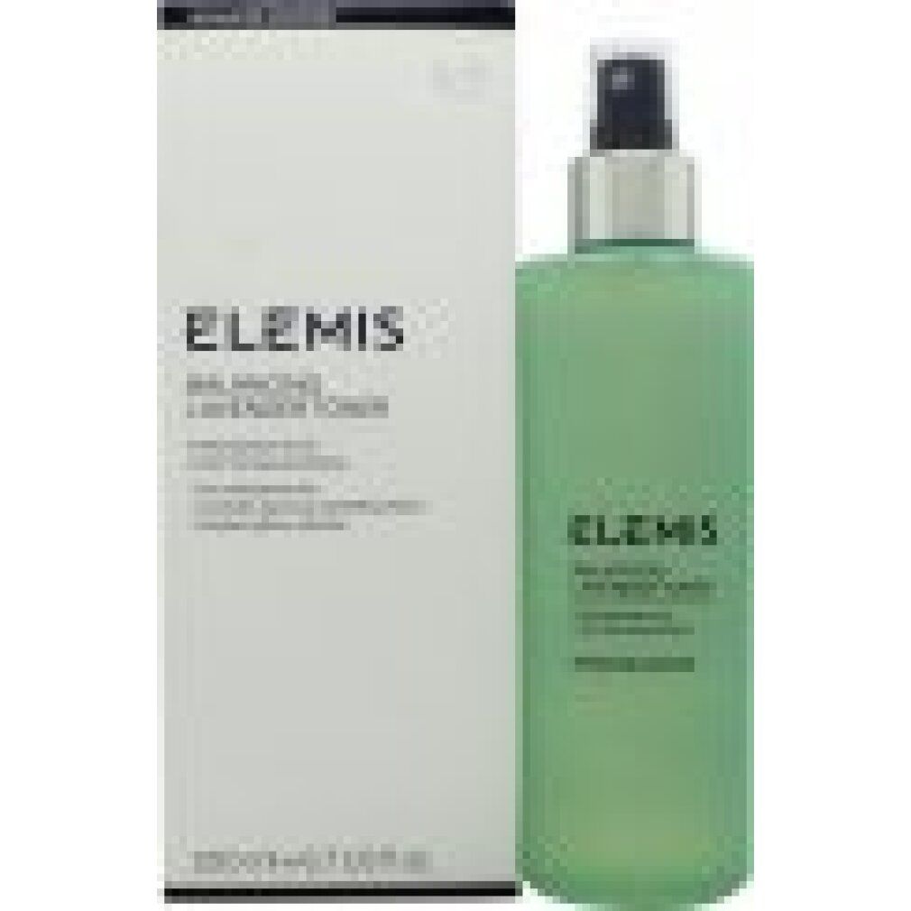 Grüne Flasche und Verpackung von Elemis Balancing Lavender Toner. Text: Purifying facial toner. 200 ml.