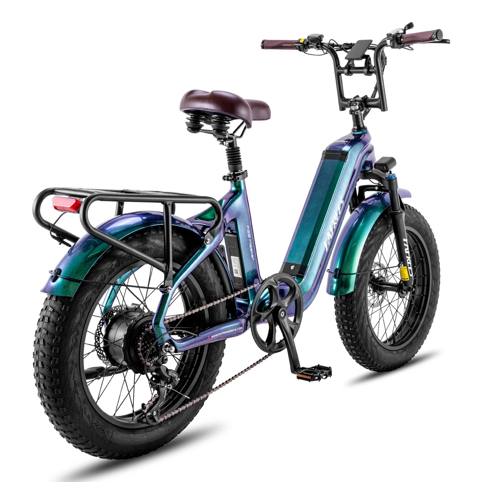 Fafrees F20 Master E-Bike. Grün-blau lackiert, breite Reifen, Gepäckträger, brauner Sattel. Fafrees-Logo sichtbar.