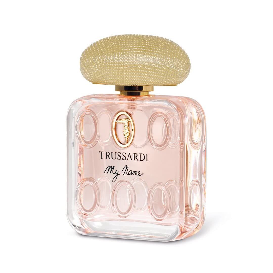 Trussardi My Name Eau de Parfum Flakon mit goldfarbenem Deckel und ovalen Verzierungen.