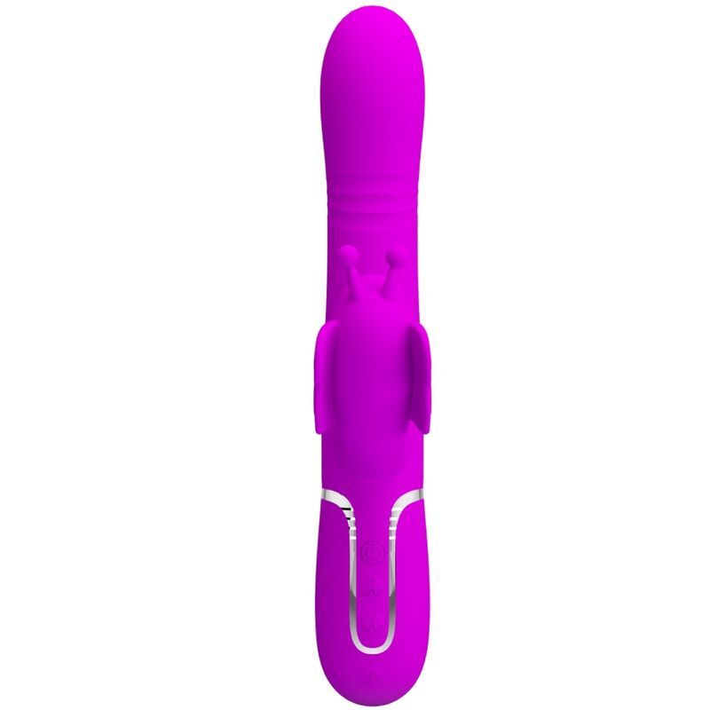 Lila Vibrator mit Hasenohren-Design. Vertikale Ansicht. Glatte Oberfläche, silberne Akzente.