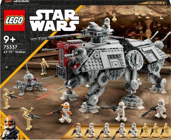Set LEGO Star Wars 75337 AT-TE Walker. Walker grigio con dettagli rossi, circondato da soldati clone e droidi da battaglia. Include diverse minifigure e accessori. La confezione mostra il logo LEGO Star Wars e l'età consigliata 9+.