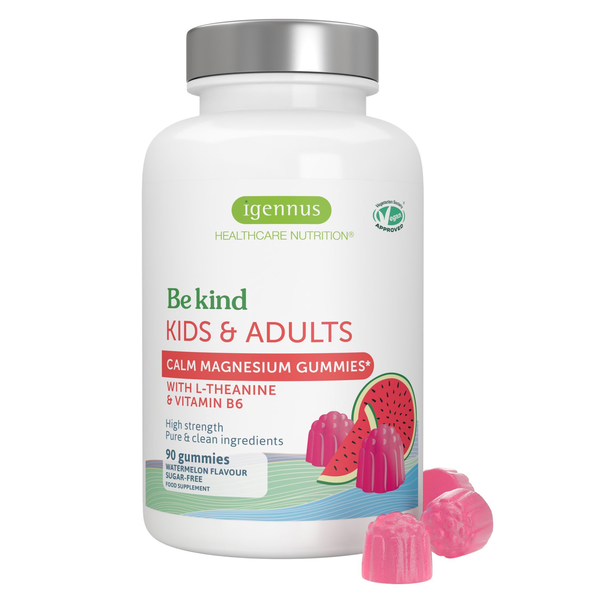 Igennus Calm Magnesium Gummies mit L-Theanin & B6, für Kinder Erwachsene, Zuckerfreie 90 Pc Fruchtgummi