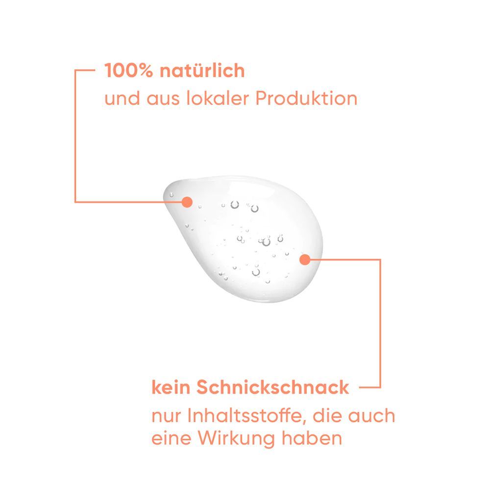 Serumtropfen mit Text. Text: 100% natürlich und aus lokaler Produktion. Kein Schnickschnack, nur Inhaltsstoffe.