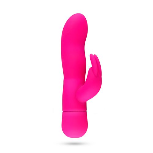 Rosa Vibrator. Pinkfarbenes Wellness-Produkt mit gebogener Form und einem zusätzlichen Element in Form einer Hand.