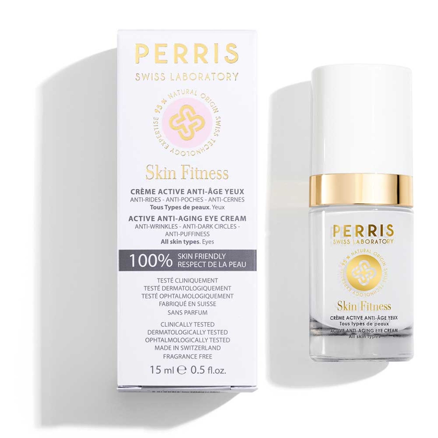 Weiße Augencreme-Tube und -Verpackung. Aufschrift: Perris Swiss Laboratory Skin Fitness Active Anti-Aging Eye Cream. 15 ml.