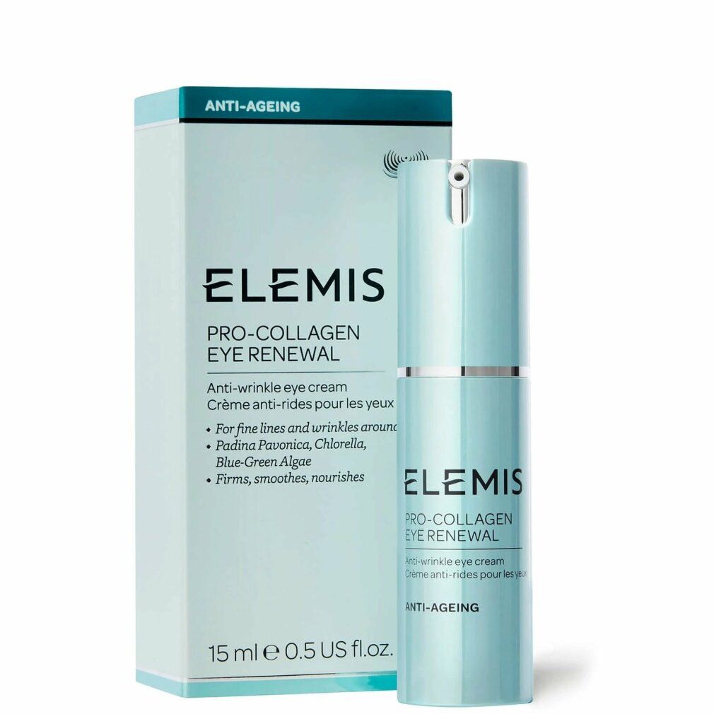 Produkt und Verpackung. Elemis Pro-Collagen Eye Renewal. Anti-Aging-Text. Blaue Schachtel. 15 ml.
