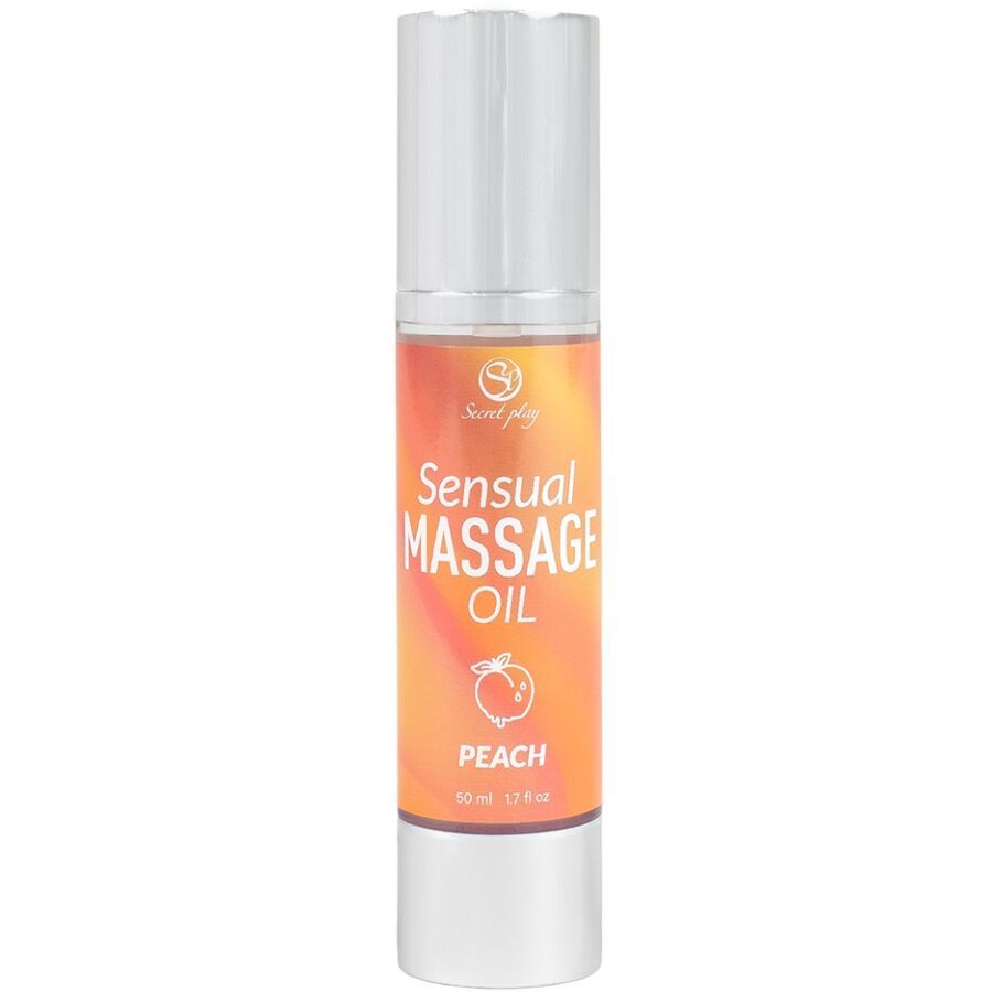 Flasche mit Massageöl. Aufschrift: Sensual Massage Oil Peach. Silberner Pumpkopf.