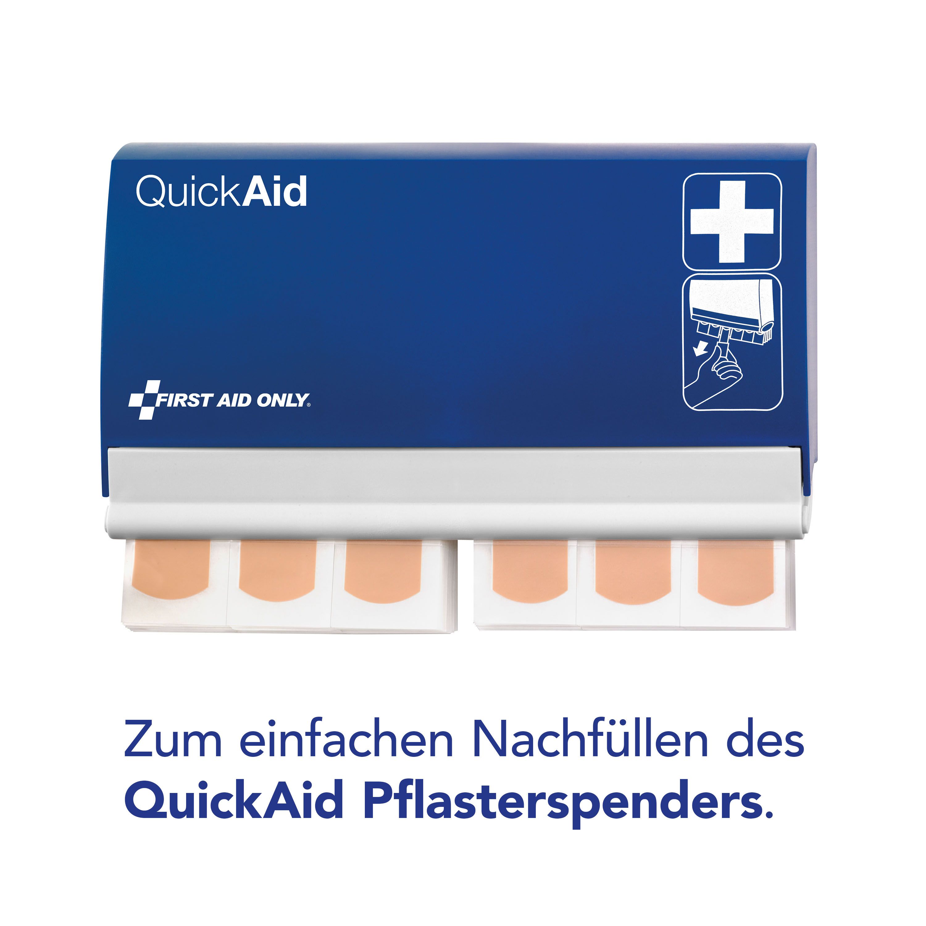 Blauer Spender mit QuickAid-Pflastern. Aufschrift: QuickAid. Marke: First Aid Only. Text: Zum einfachen Nachfüllen des QuickAid Pflasterspenders.