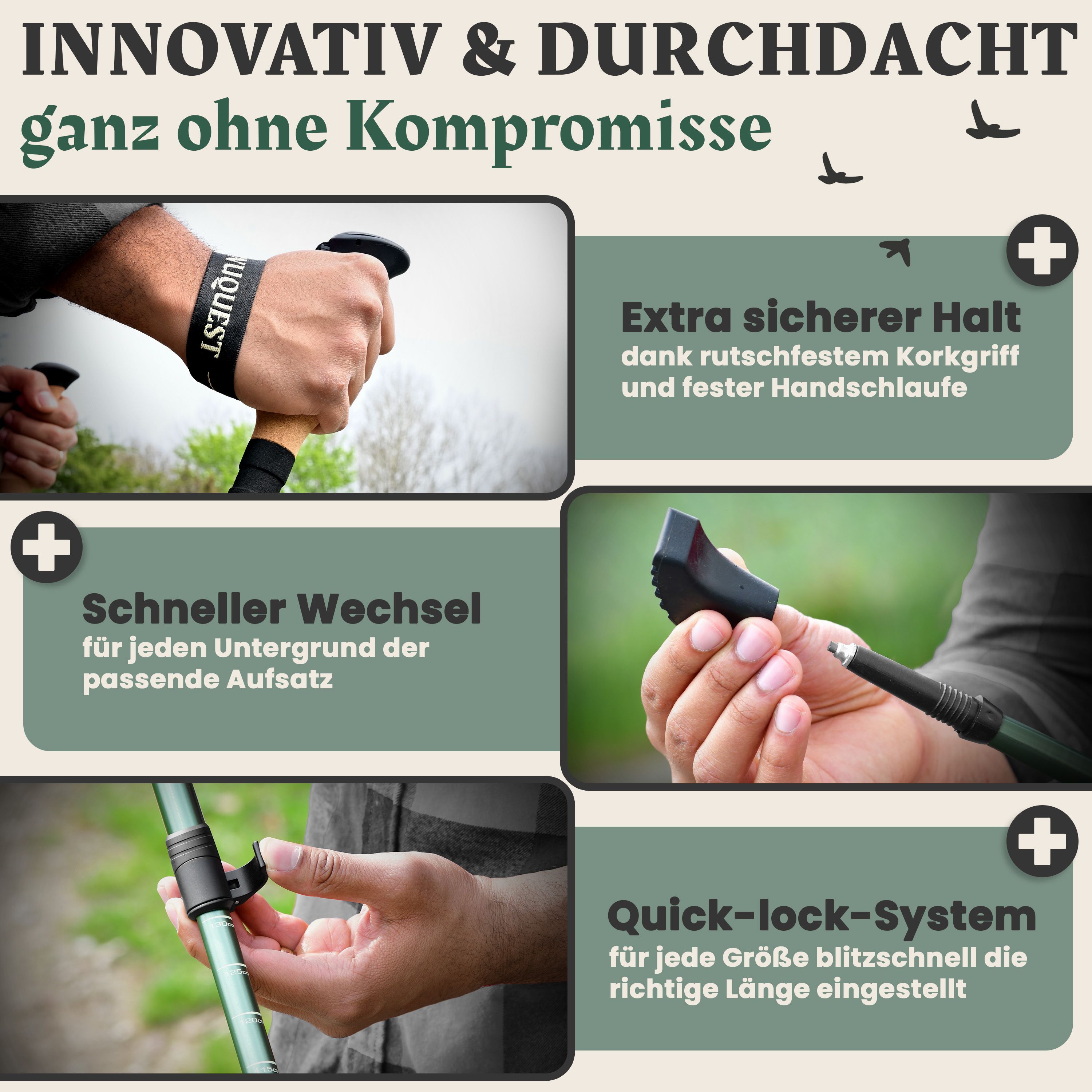 Nordic Walking Stock mit Korkgriff, Handschlaufe und Quick-Lock-System. Schwarze Elemente, grüner Schaft. Text: Extra sicherer Halt.