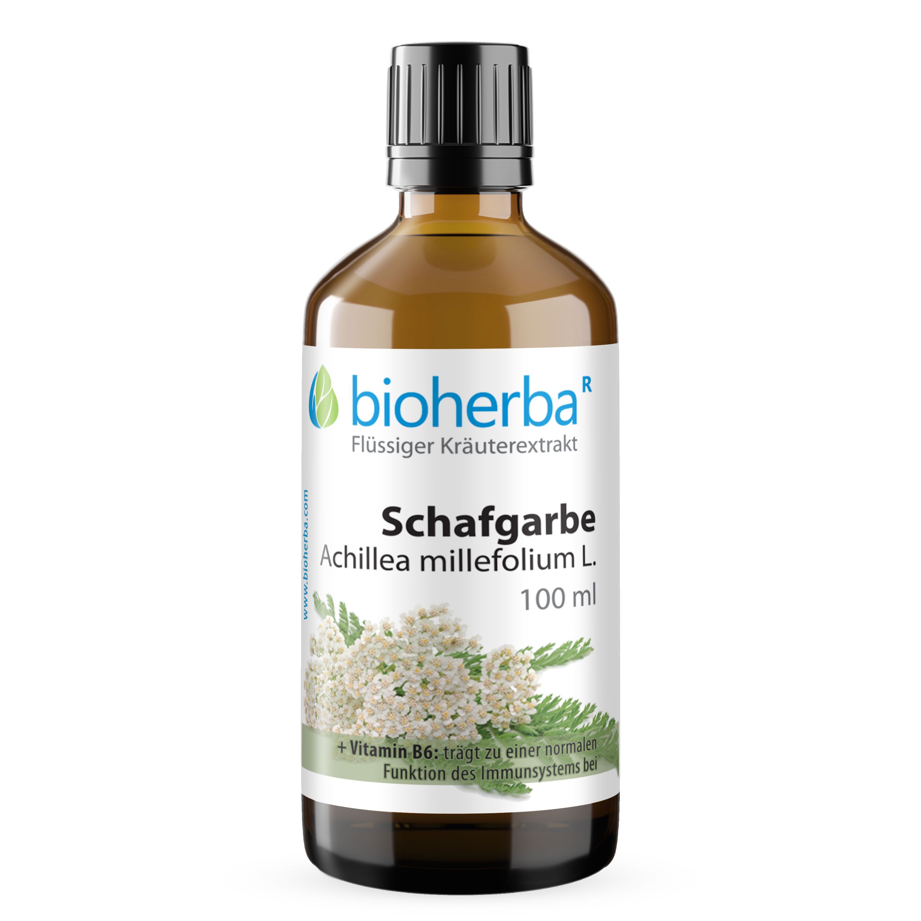 Braune Glasflasche mit schwarzem Deckel. Bioherba Schafgarbe Achillea millefolium L. 100 ml. Vitamin B6.