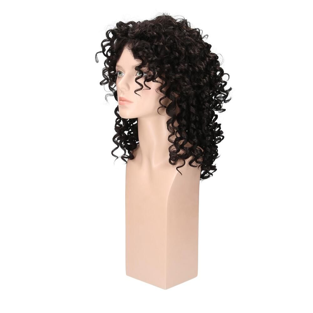Perücke Maileen von trendhair, lockig, schwarz, auf einer Büste. Seitenansicht.