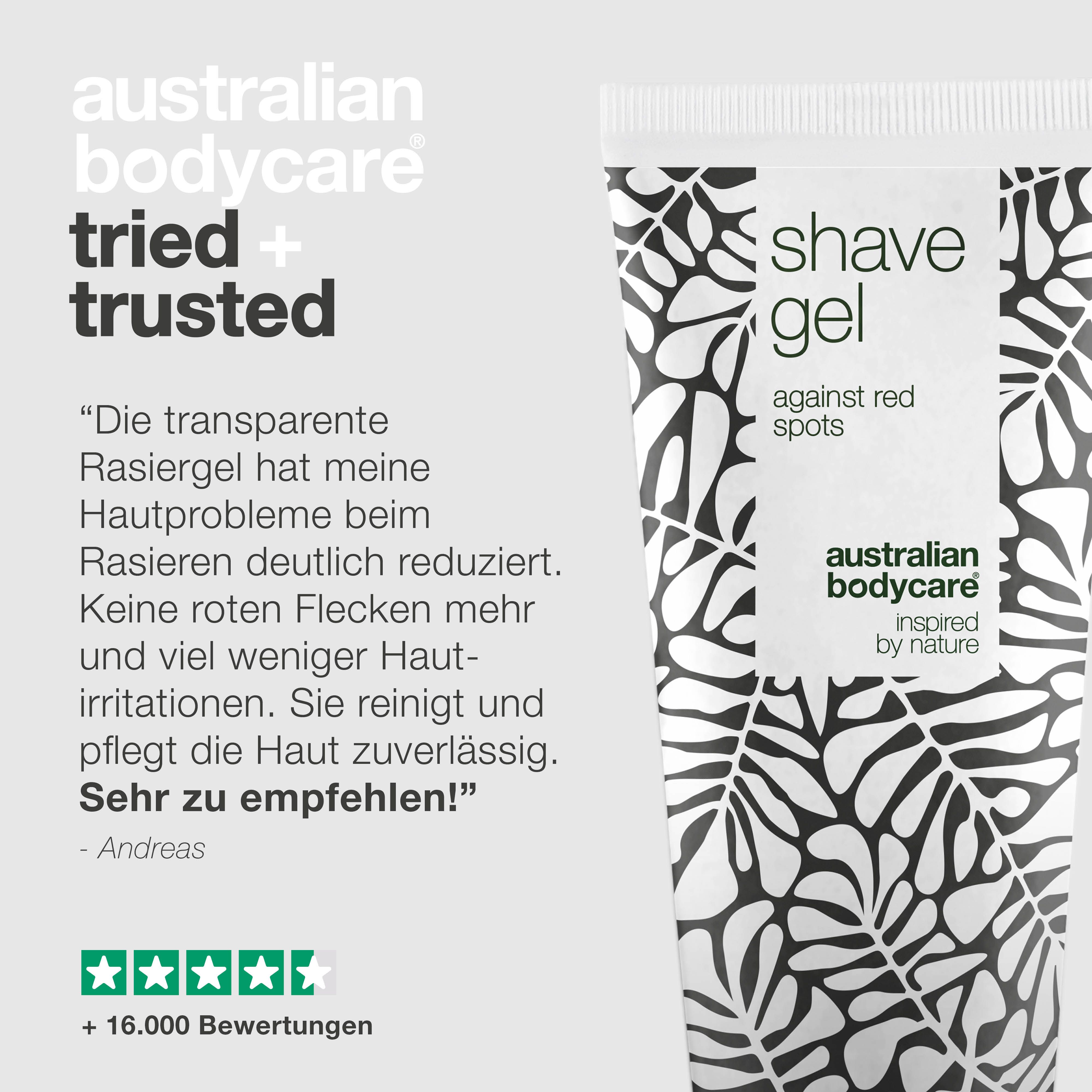 Tube Rasiergel mit Text. Aufschrift: shave gel against red spots. Australian Bodycare. Getestet und bestätigt.