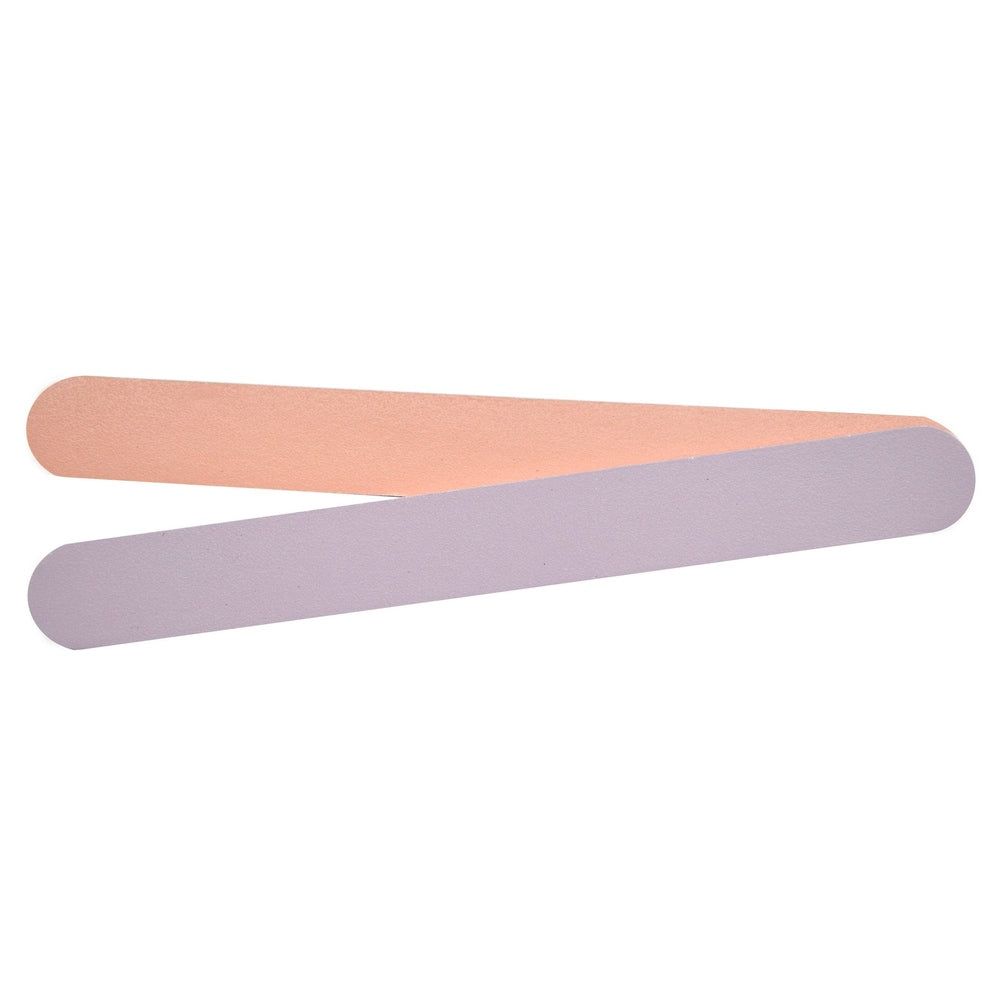 Zwei Nagelfeilen, eine rosa, eine lila. Abgerundete Enden. Grain 80/120.