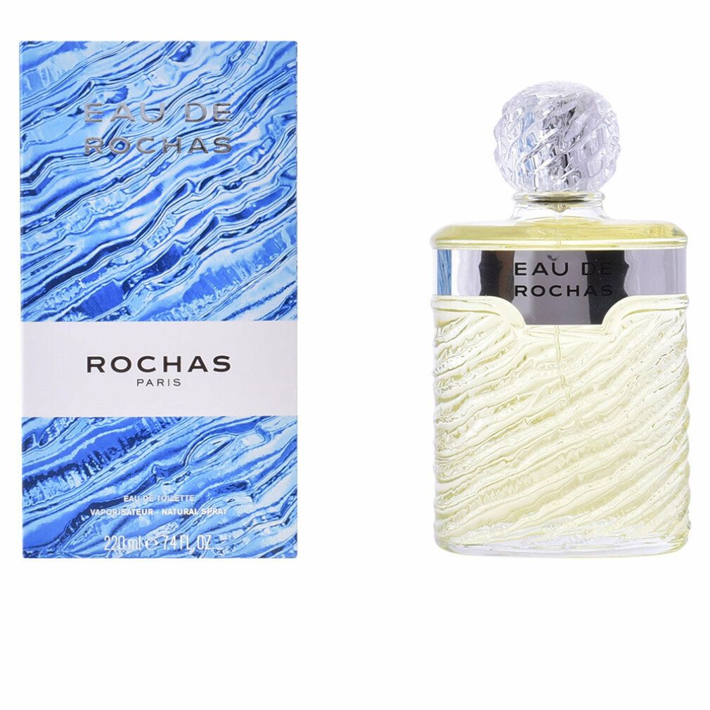 Parfümflasche und Verpackung. Flasche mit silbernem Band, Aufschrift "EAU DE ROCHAS". Blaue Verpackung mit Wellenmuster und "ROCHAS PARIS".