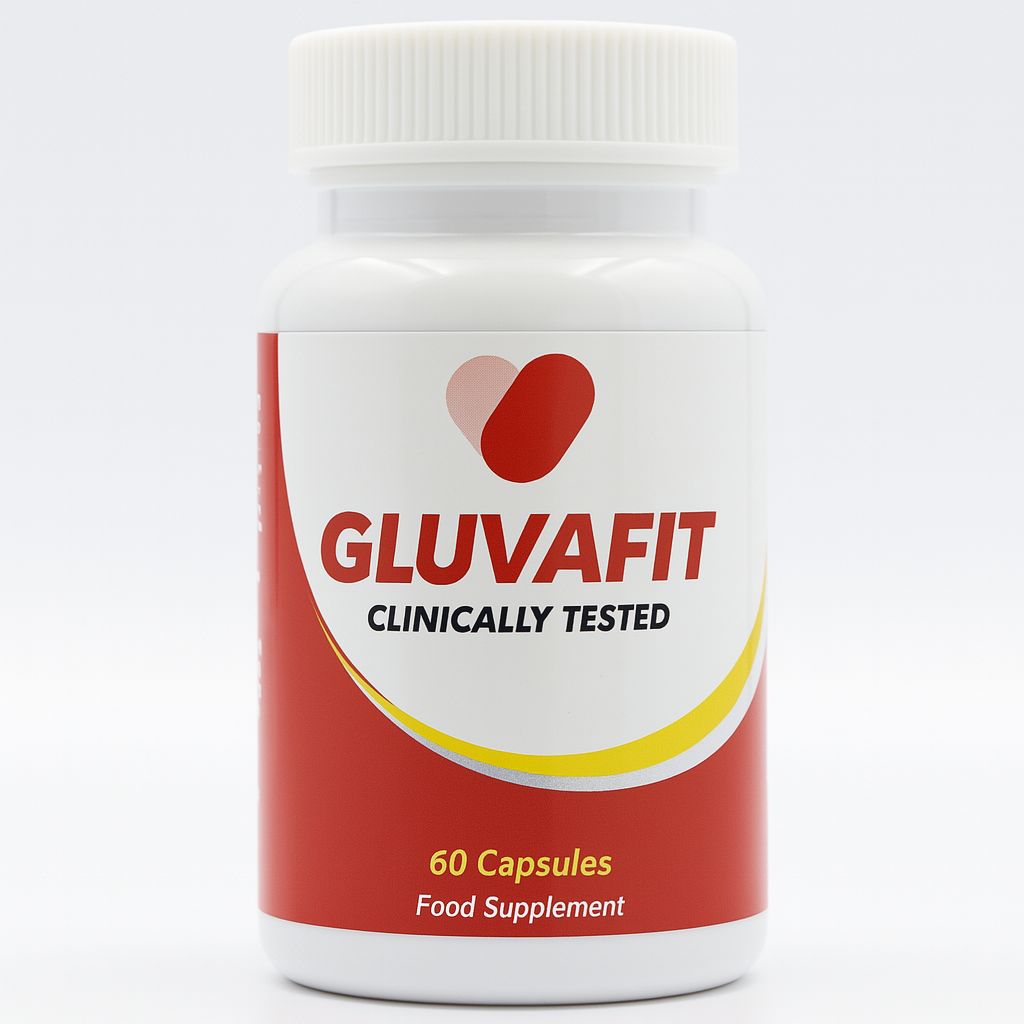 Weiße Flasche mit rotem Etikett. Aufschrift: GLUVAFIT, CLINICALLY TESTED. Enthält 60 Kapseln. Nahrungsergänzungsmittel.