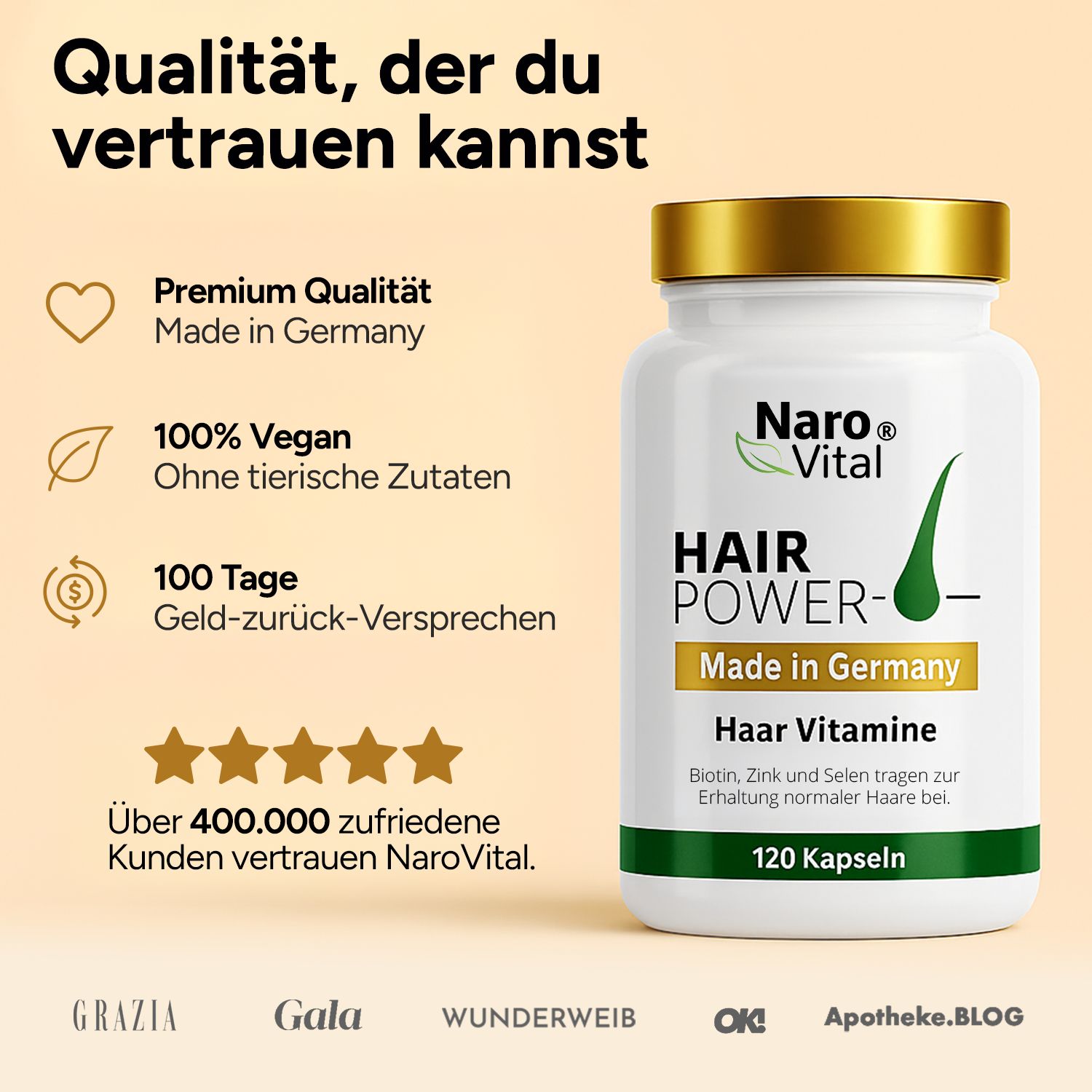 Weiße Flasche mit goldfarbenem Deckel. Aufschrift: Hair Power, Haar Vitamine, 120 Kapseln. 100% Vegan. Geld-zurück-Versprechen.