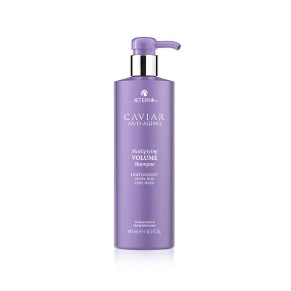 Lila Shampoo-Flasche mit Pumpe. Aufschrift: Alterna Caviar Anti-Aging, Multiplying Volume Shampoo, für feines Haar.
