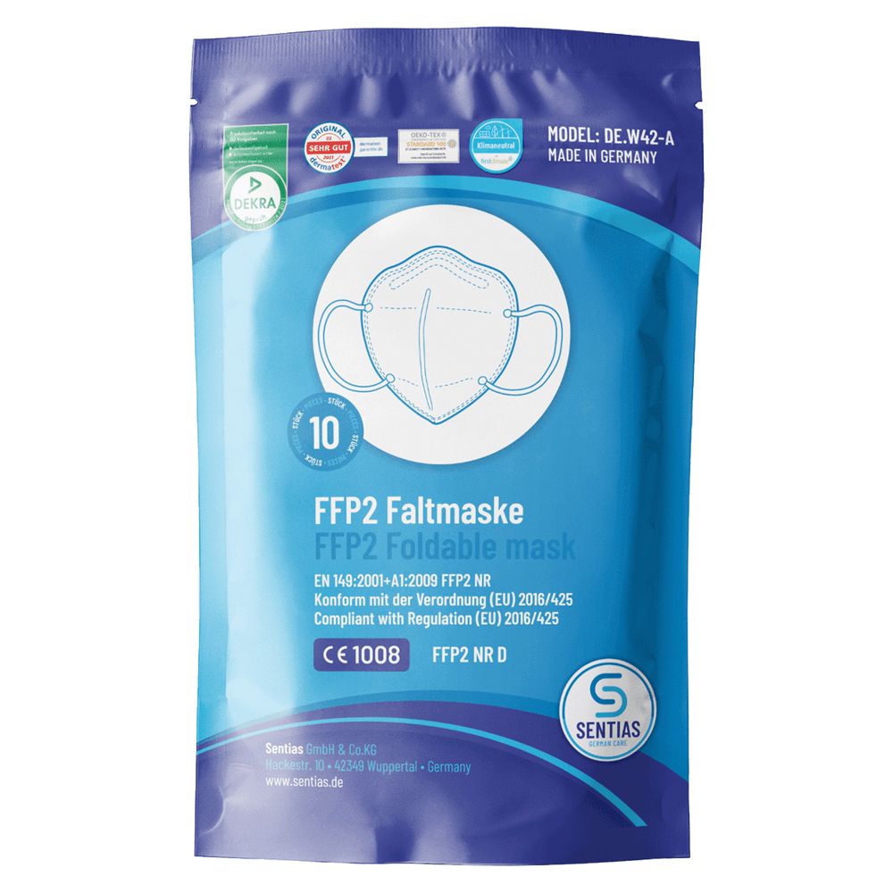 Verpackung mit 10 FFP2-Masken. Blaue Folienverpackung mit Produktbezeichnung, Zertifizierungen und Logo. Aufdruck: FFP2 Faltmaske.