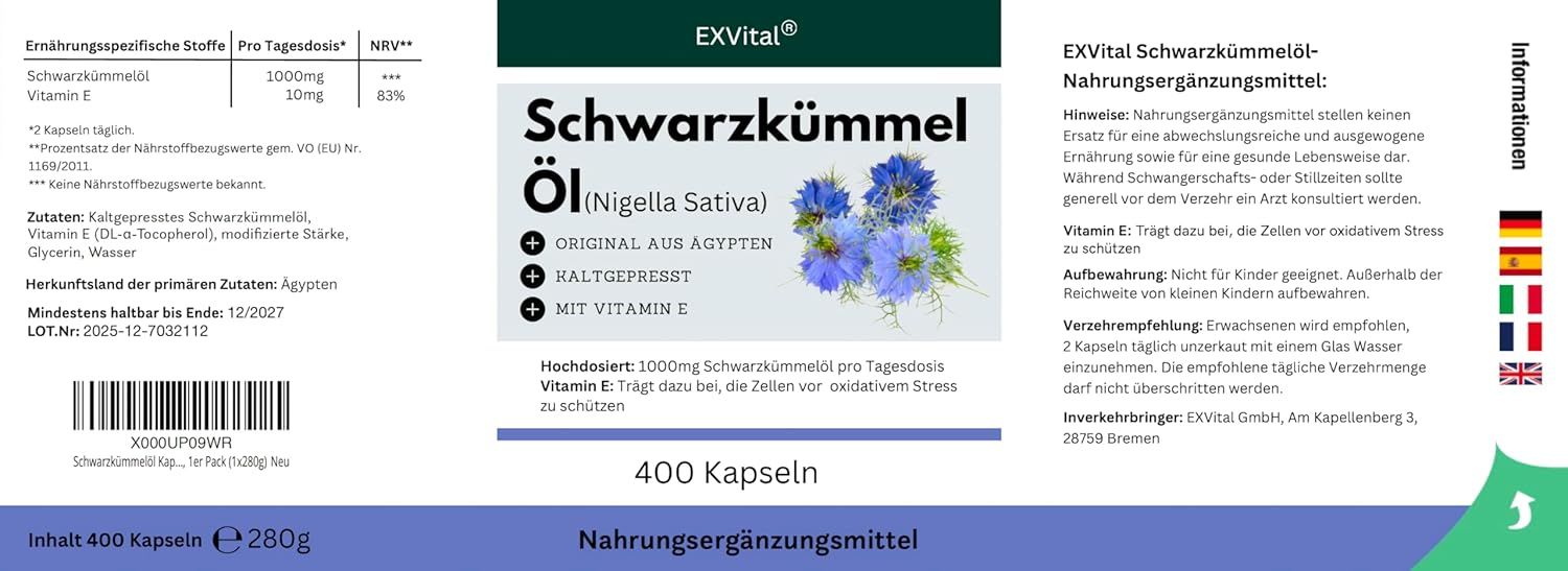Etikett mit Informationen zu EXVital Schwarzkümmelöl Kapseln, 400 Stück.