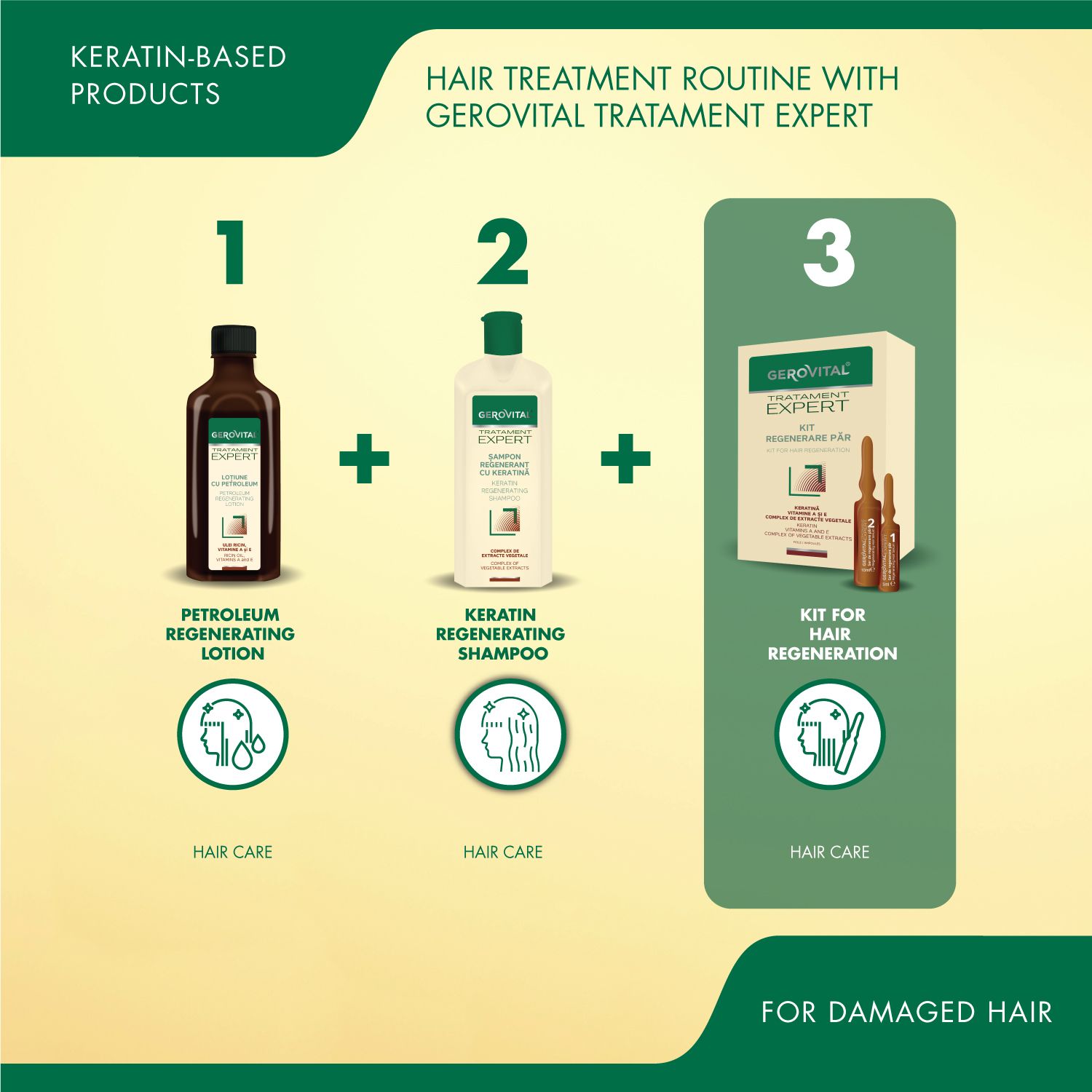 Haarpflege-Routine mit Gerovital Expert. Produkte: Lotion, Shampoo, Kit mit Ampullen. Grafische Darstellung.