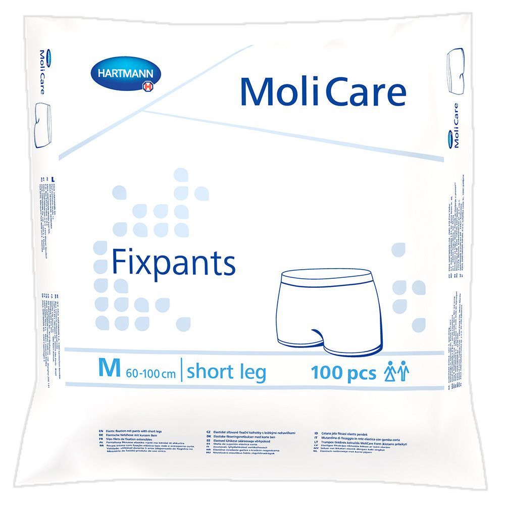 MoliCare Fixpants, kurze Beine, Größe M, in Verpackung. Darstellung eines weißen Produkts mit blauer Schrift und Logo.