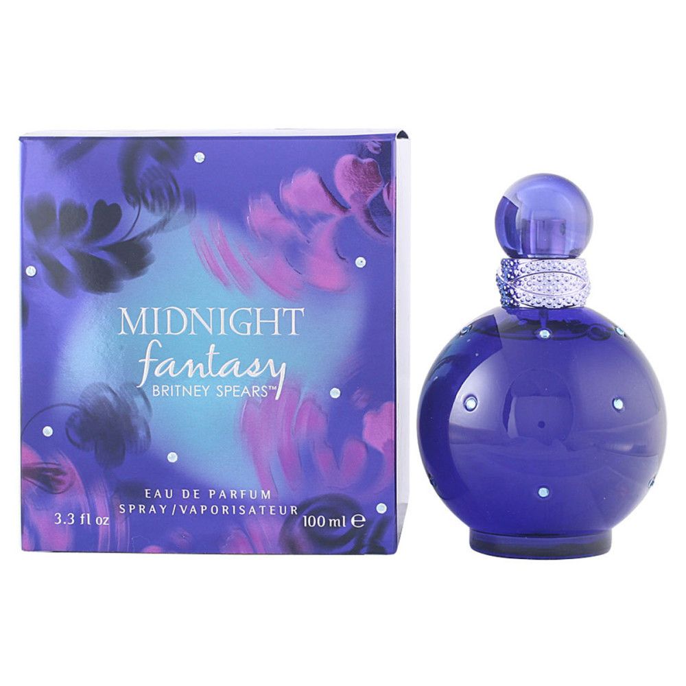 Dunkelblaue Flasche mit Sprühkopf und Verpackung. Aufschrift: Midnight Fantasy Britney Spears. 100 ml.