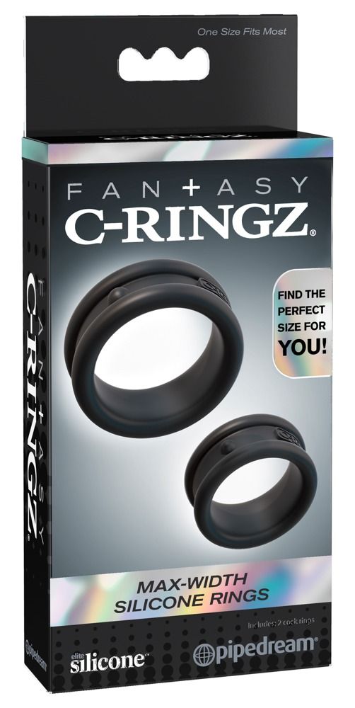 Verpackung für Fantasy C-Ringz Max Width Silikonringe, zeigt zwei schwarze Ringe.