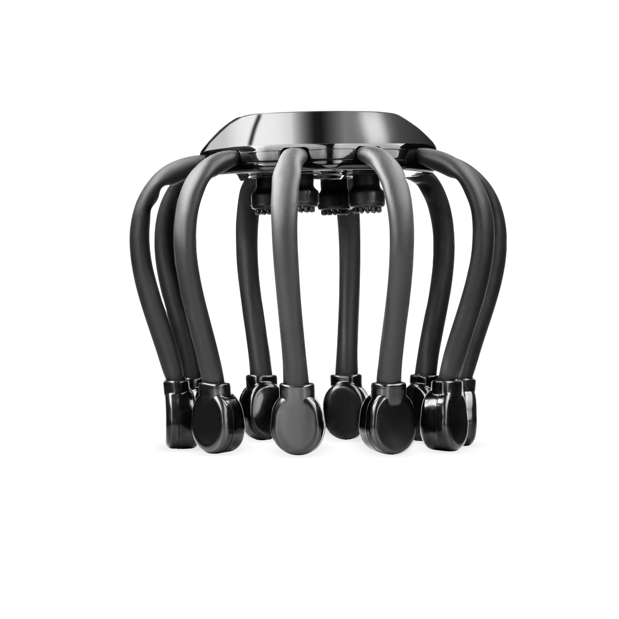 Schwarzes Kopfmassagegerät mit acht flexiblen Armen und runden Enden. Oberteil aus Metall.