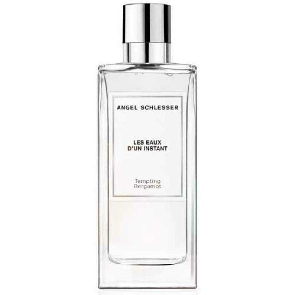 Rechteckige Glasflasche mit silbernem Verschluss. Aufschrift: Angel Schlesser, Les Eaux d'Un Instant, Tempting Bergamota.