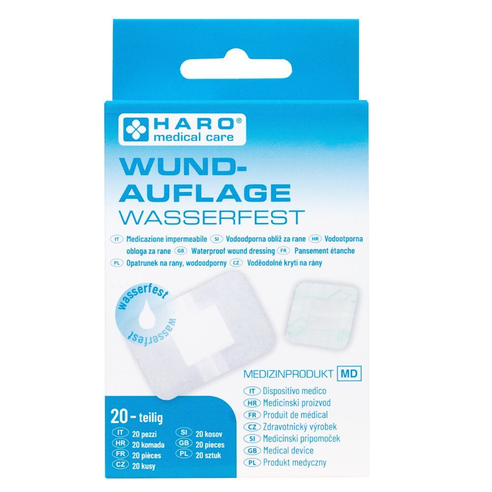 Verpackung mit Haro Wundauflage wasserfest. 20 Stück. Medizinprodukt. Quadratische Pflaster auf der Verpackung abgebildet.