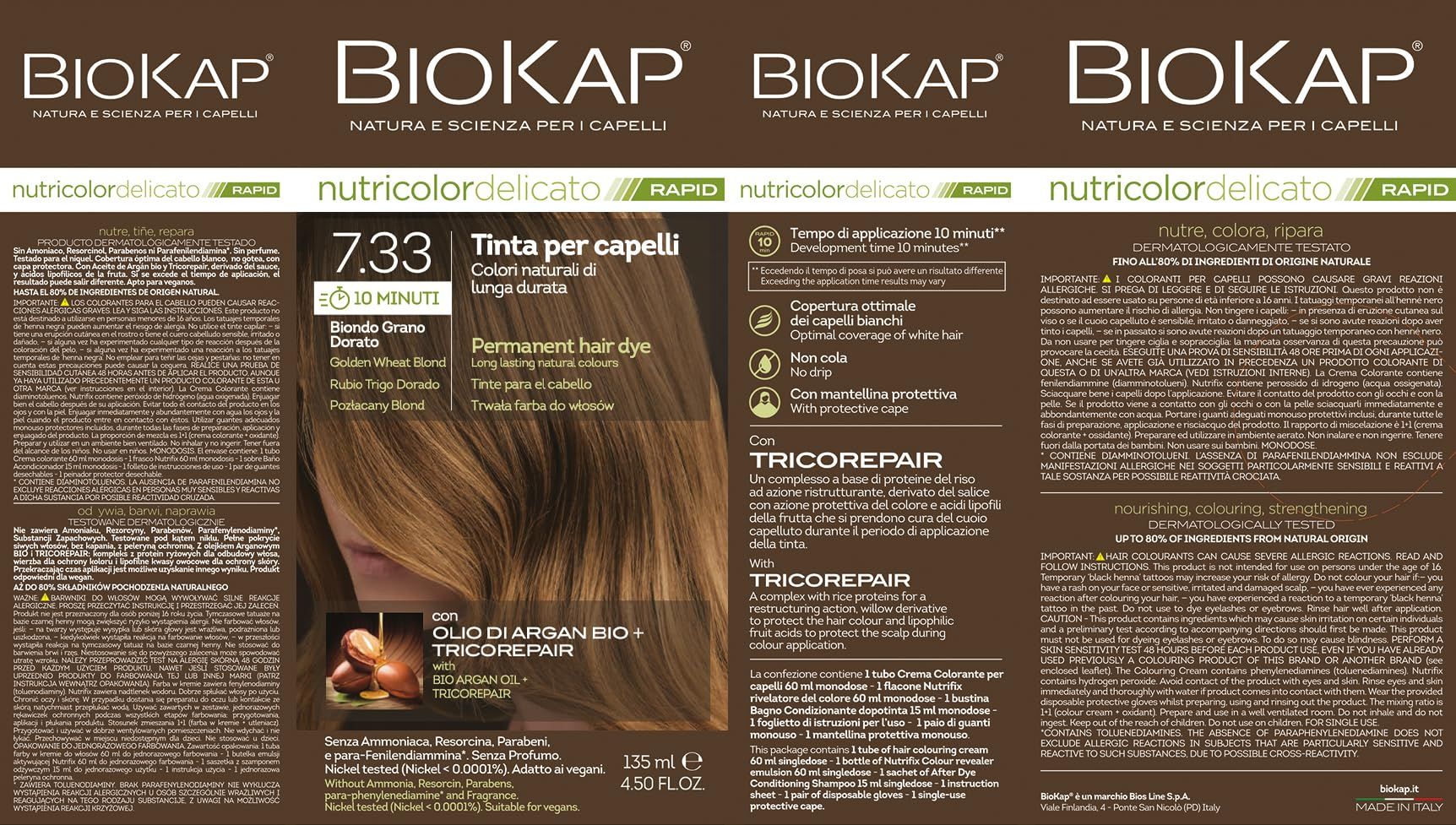 Ausgebreitete Verpackung. Biokap Nutricolor Rapid. Text in italienischer Sprache. Haarfarbe, 7.33 Goldenes Weizenblond.