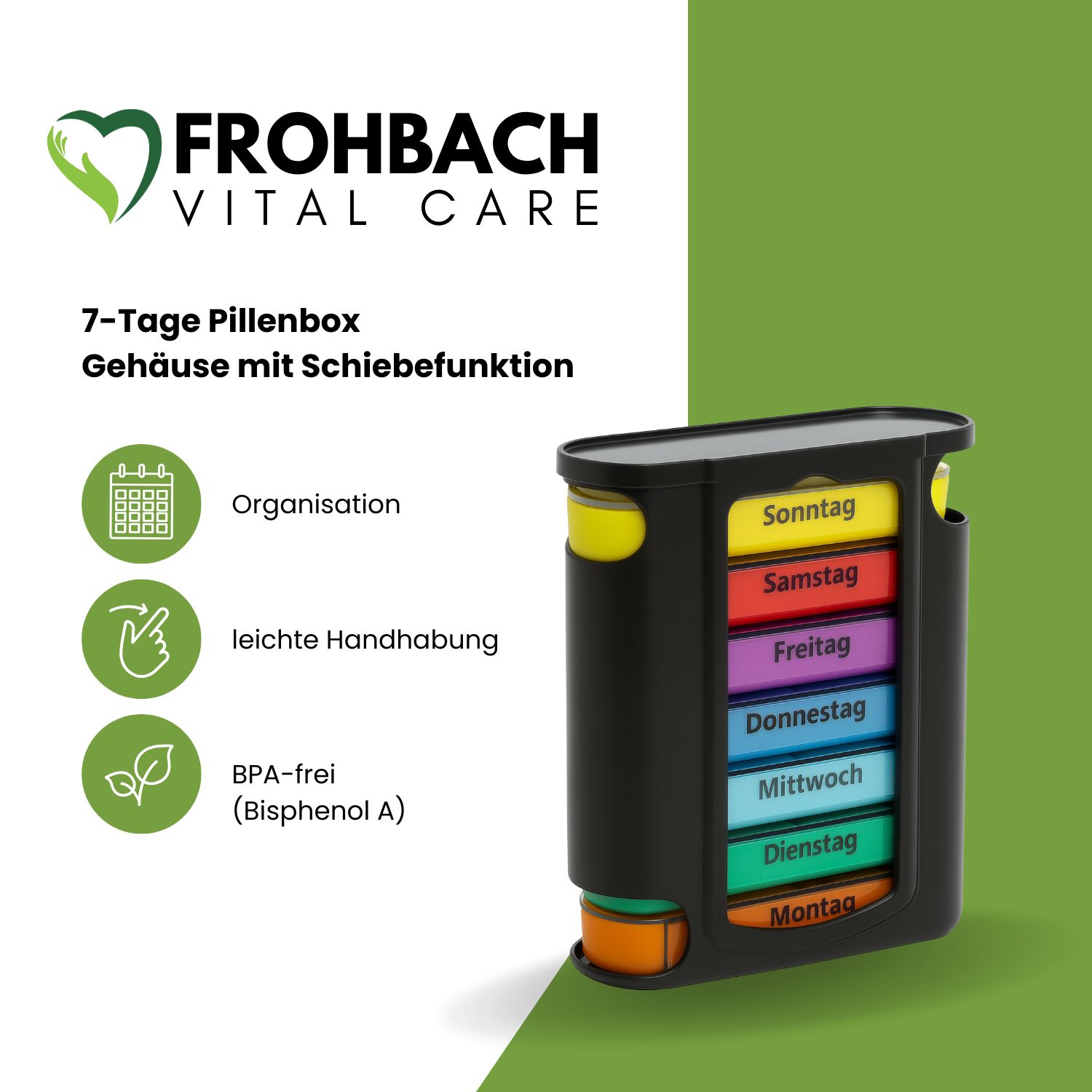 Tablettenbox mit dem Logo von Frohbach Vital Care. Sieben farbige Fächer für die Wochentage. Gehäuse mit Schiebefunktion.