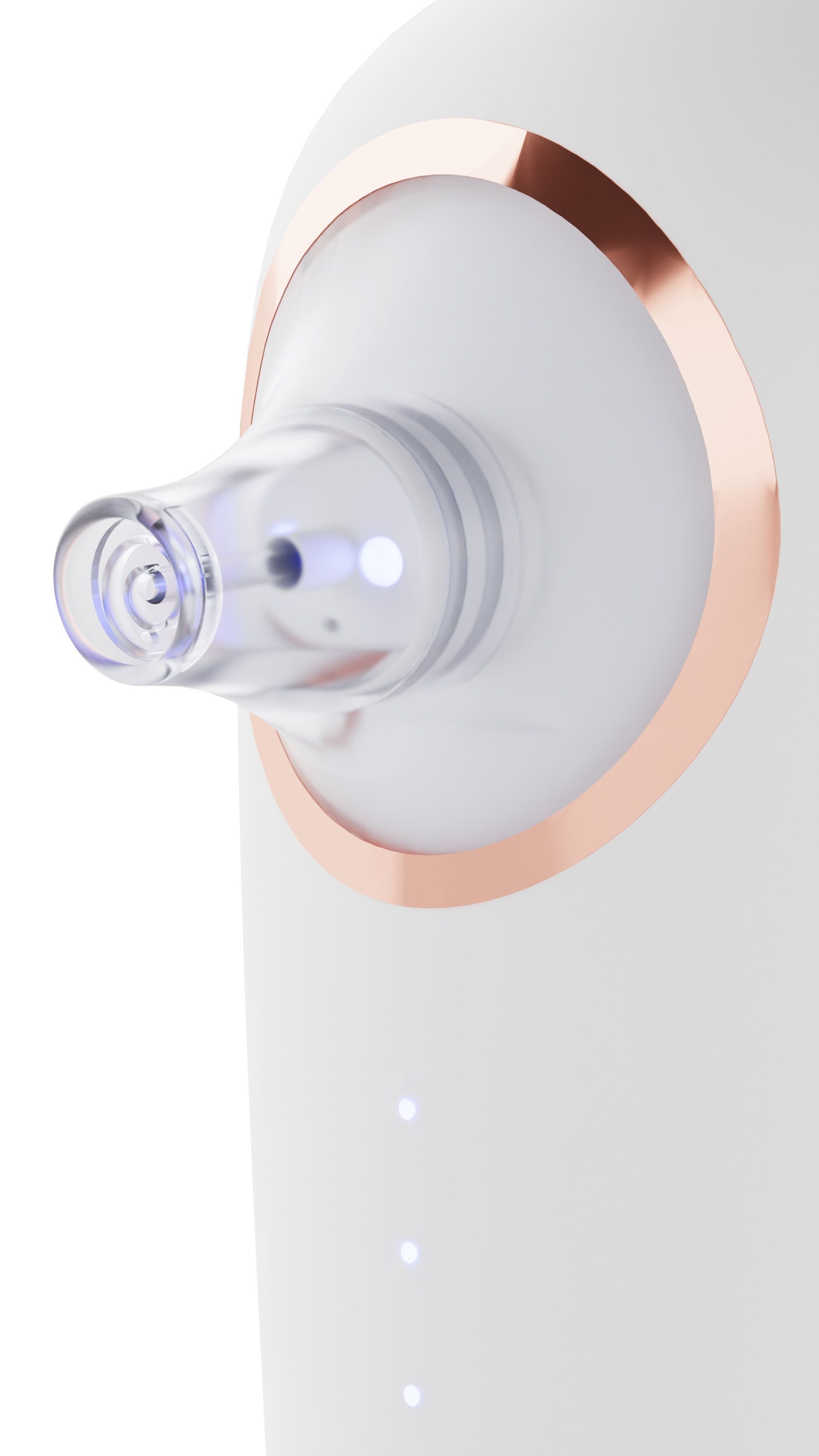 Nahaufnahme des weißen BEAUTIFLY B-Hydrapeel PRO Porenreiniger-Geräts. Kupferfarbene Akzente, transparente Düse. Sichtbare Marke.