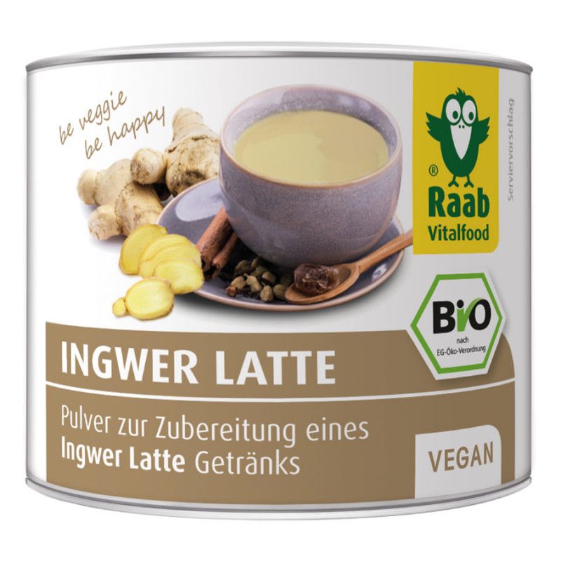 Dose mit Ingwer Latte. Aufschrift: Ingwer Latte, BIO, Vegan. Abbildung: Tasse, Ingwer, Zimtstangen, Löffel.