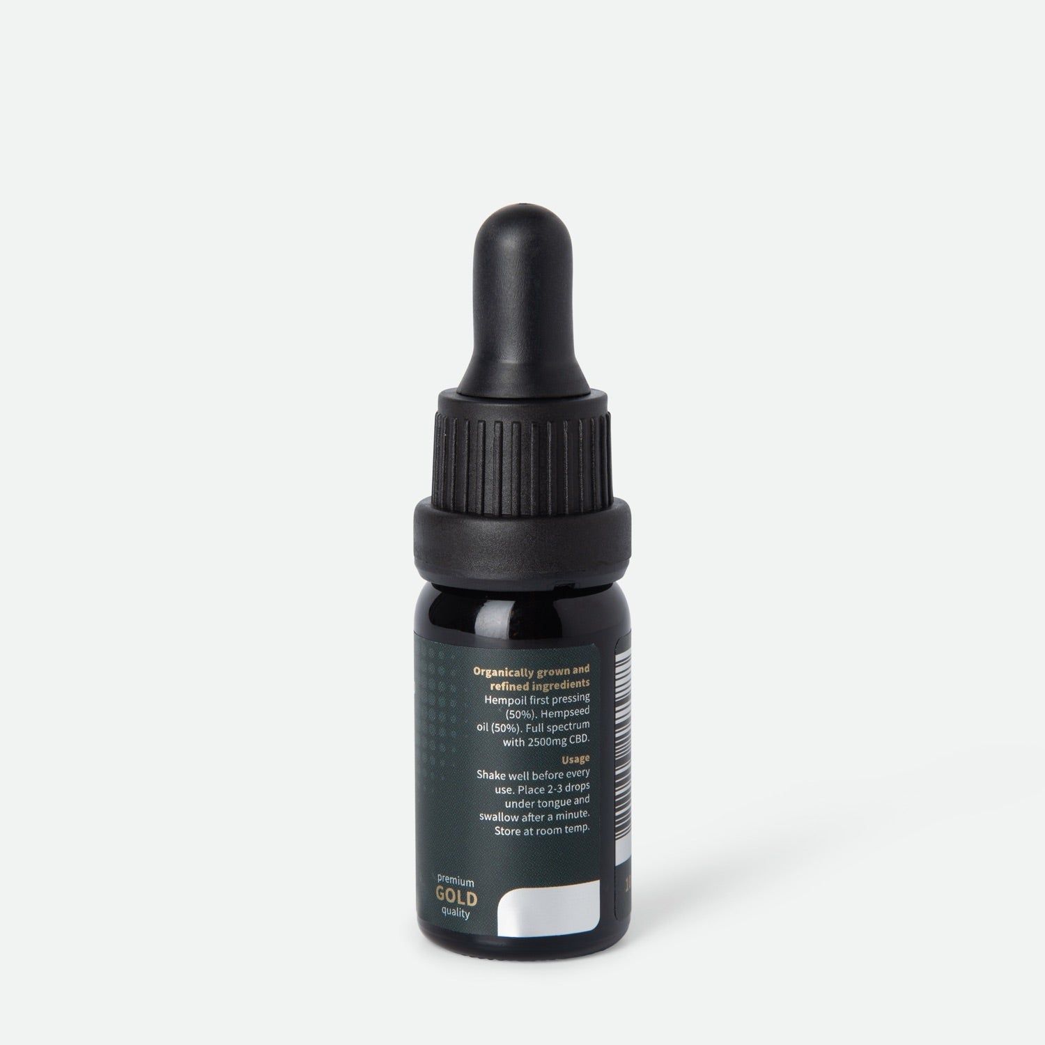Rückseite einer dunklen Glasflasche mit Pipette, Etikett mit Produktinformationen und "PREMIUM GOLD".