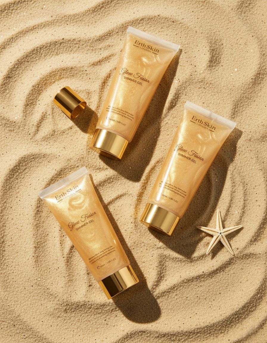 Drei goldfarbene Schimmergel-Tuben auf Sand. Eine Kappe liegt daneben. Eine Seestern.