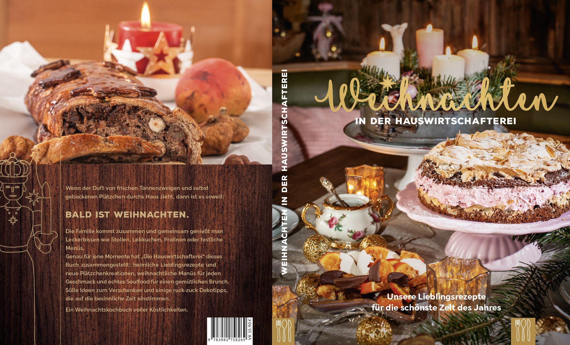 Buchcover "Weihnachten in der Hauswirtschafterei". Aufgeschlagen, mit Kuchen, Gebäck, Kerzen und Dekoration.