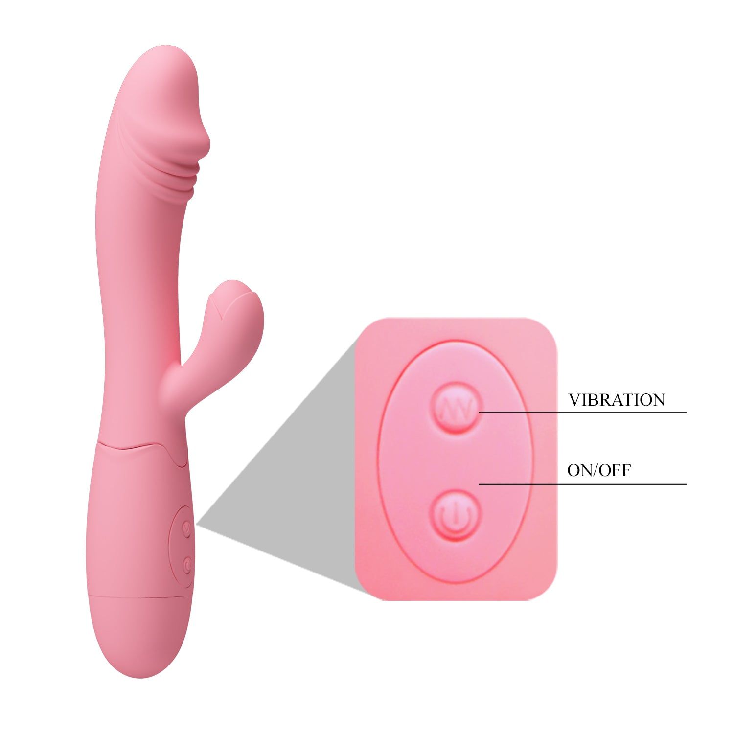 Rosa Vibrator mit zwei Knöpfen: Vibration und Ein/Aus. Silikon-Material.