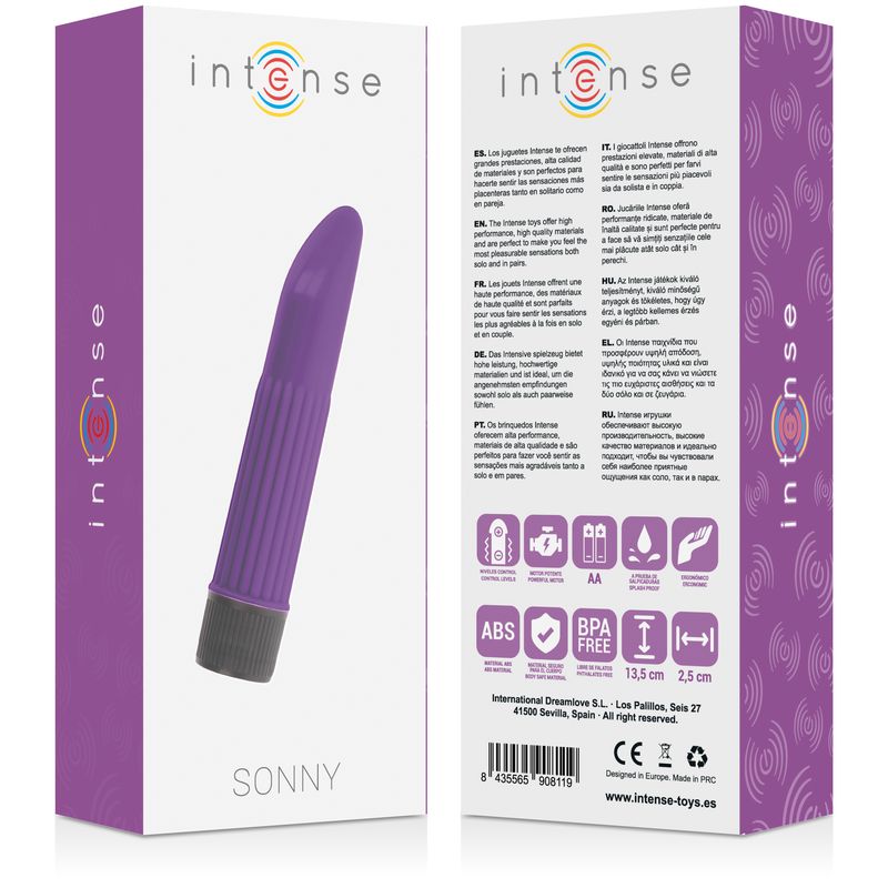 Produktverpackung mit lila Vibrator-Abbildung. Text: Intense, Sonny. Logos und Informationen auf der Rückseite.