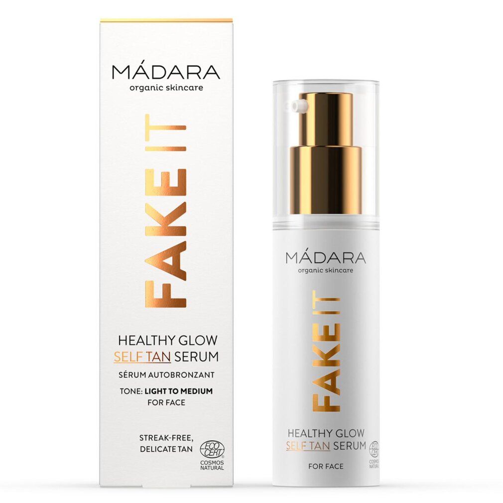 Madara Selbstbräunungsserum und Verpackung: Flasche und Karton mit goldener Schrift.