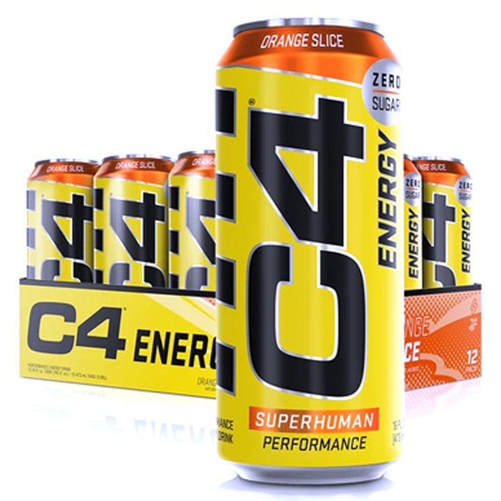 Gelbe Getränkedosen mit schwarzem 'C4 ENERGY'-Logo. Aufschrift 'Orange Slice' und 'Zero Sugar'. Mehrere Dosen in einer Verpackung.