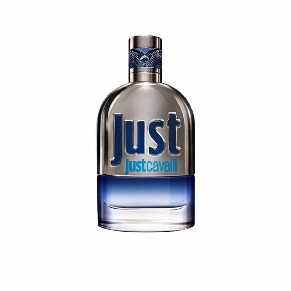 Parfümflakon mit silberfarbenem Deckel und blauer Flüssigkeit. Aufschrift "Just Cavalli".
