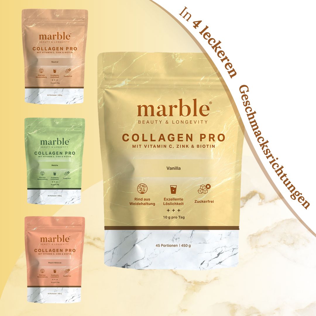marble© Collagen Pro-Verpackung und drei weitere Geschmacksrichtungen. Text: Collagen Pro, Vanille, Vitamin C, Zink & Biotin.