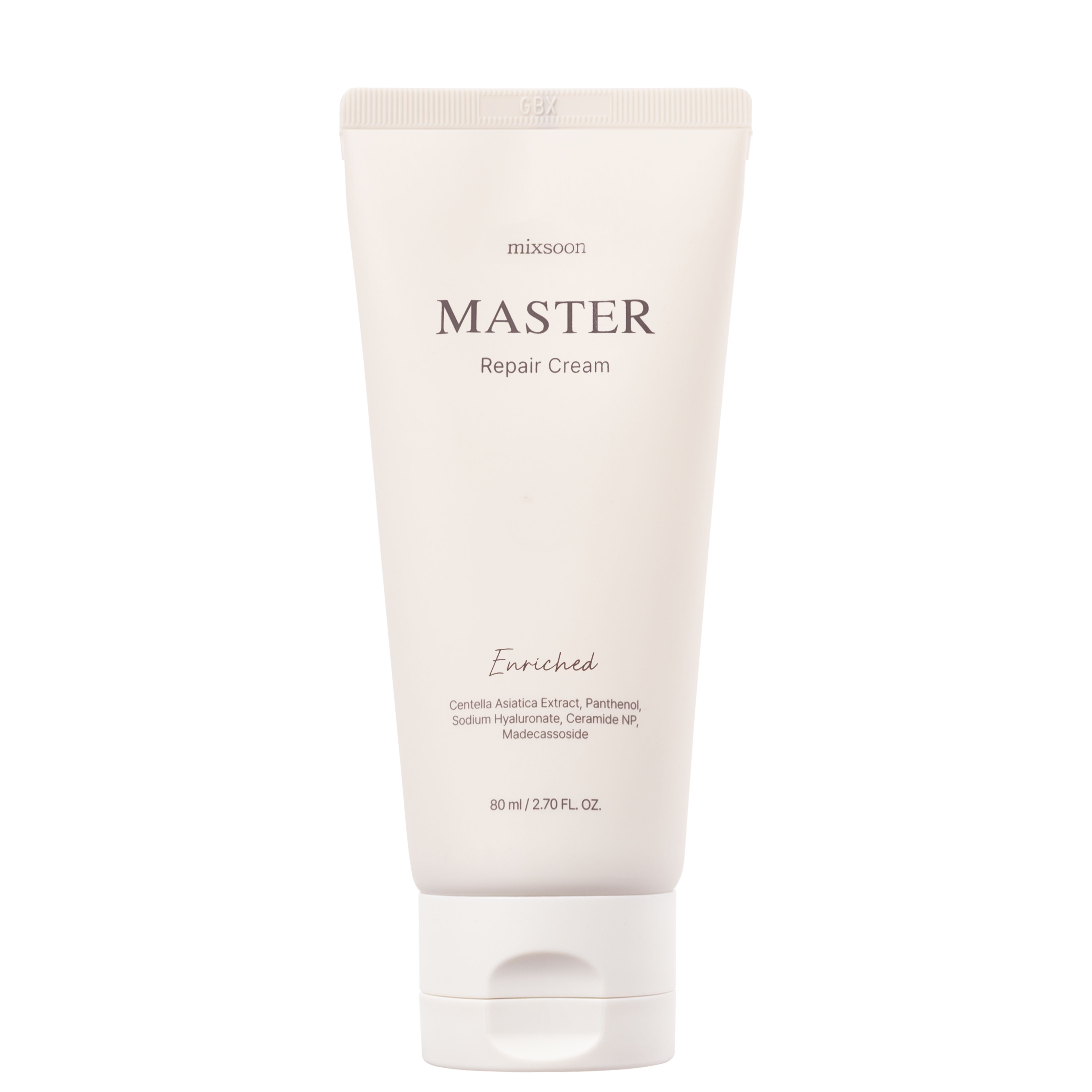 Creme-Tube mit Schriftzug MASTER Repair Cream Enriched. Weißer Tube mit weißem Deckel. Enthält Inhaltsstoffe.