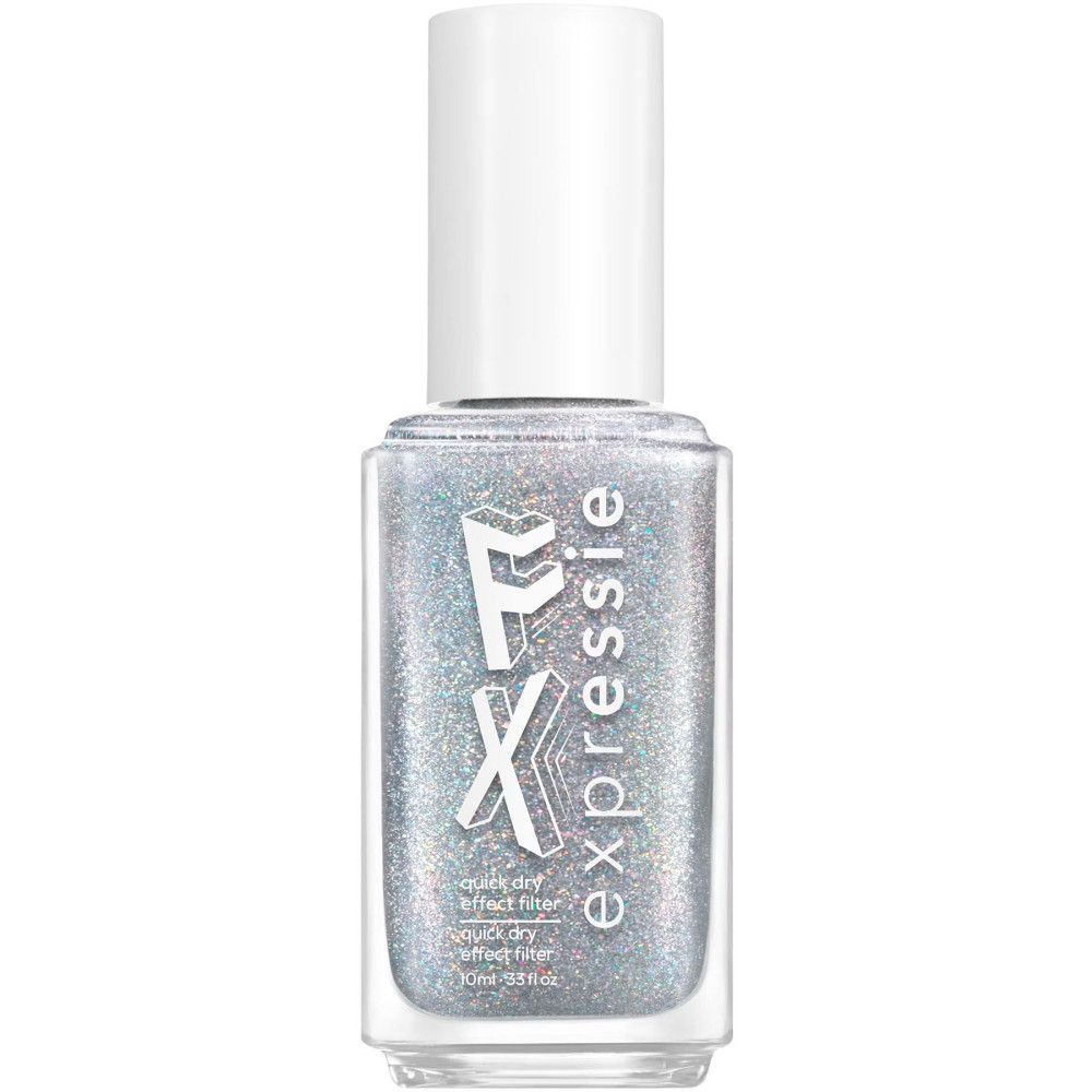 Essie Expressie Nagellackflasche, silberner Glitzer. Sichtbare Marke und Produktname, weißer Deckel.