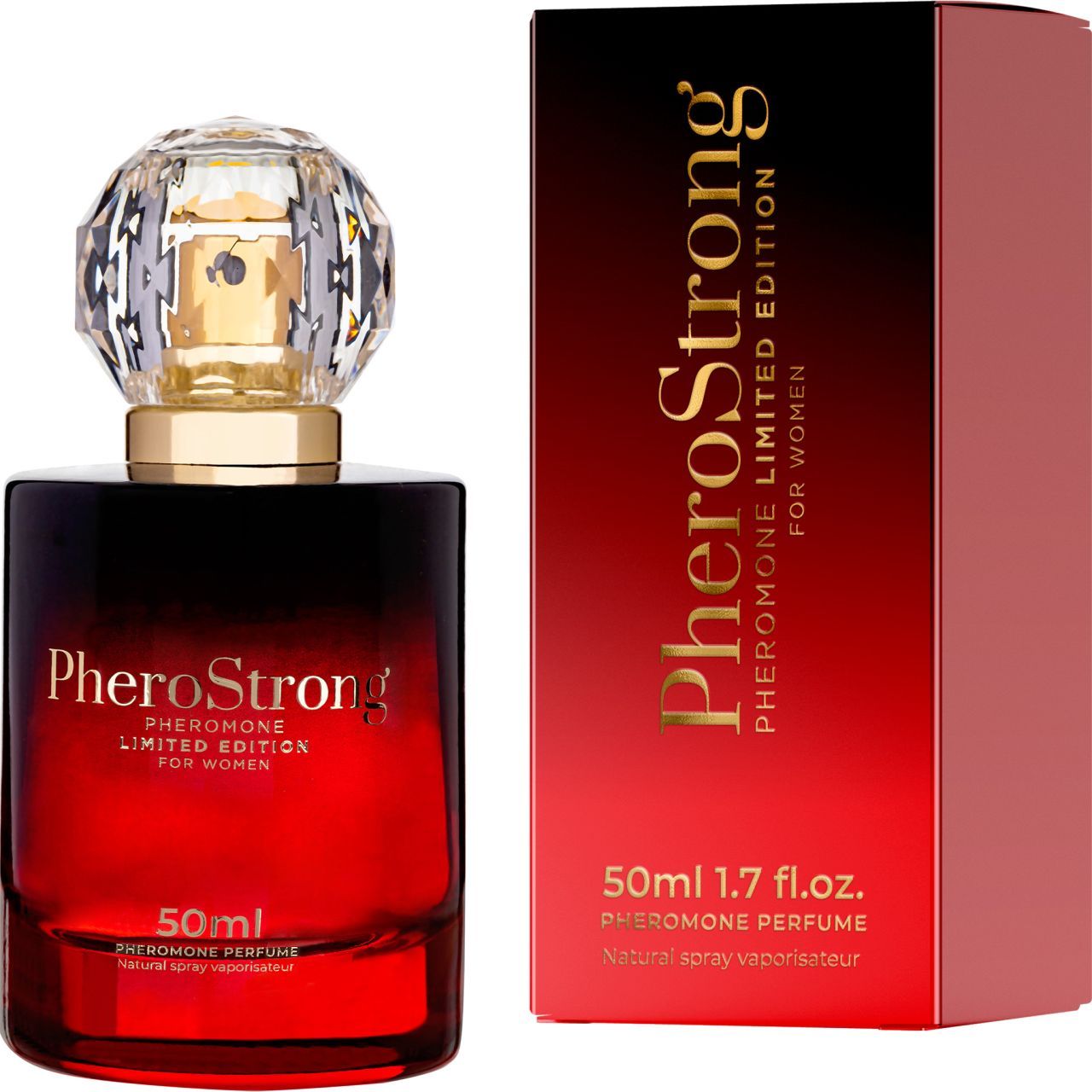 Roter Flakon und Verpackung. Flakon mit Kristallverschluss. Aufschrift: PheroStrong, Limited Edition für Frauen, 50ml. Pheromon-Parfüm.
