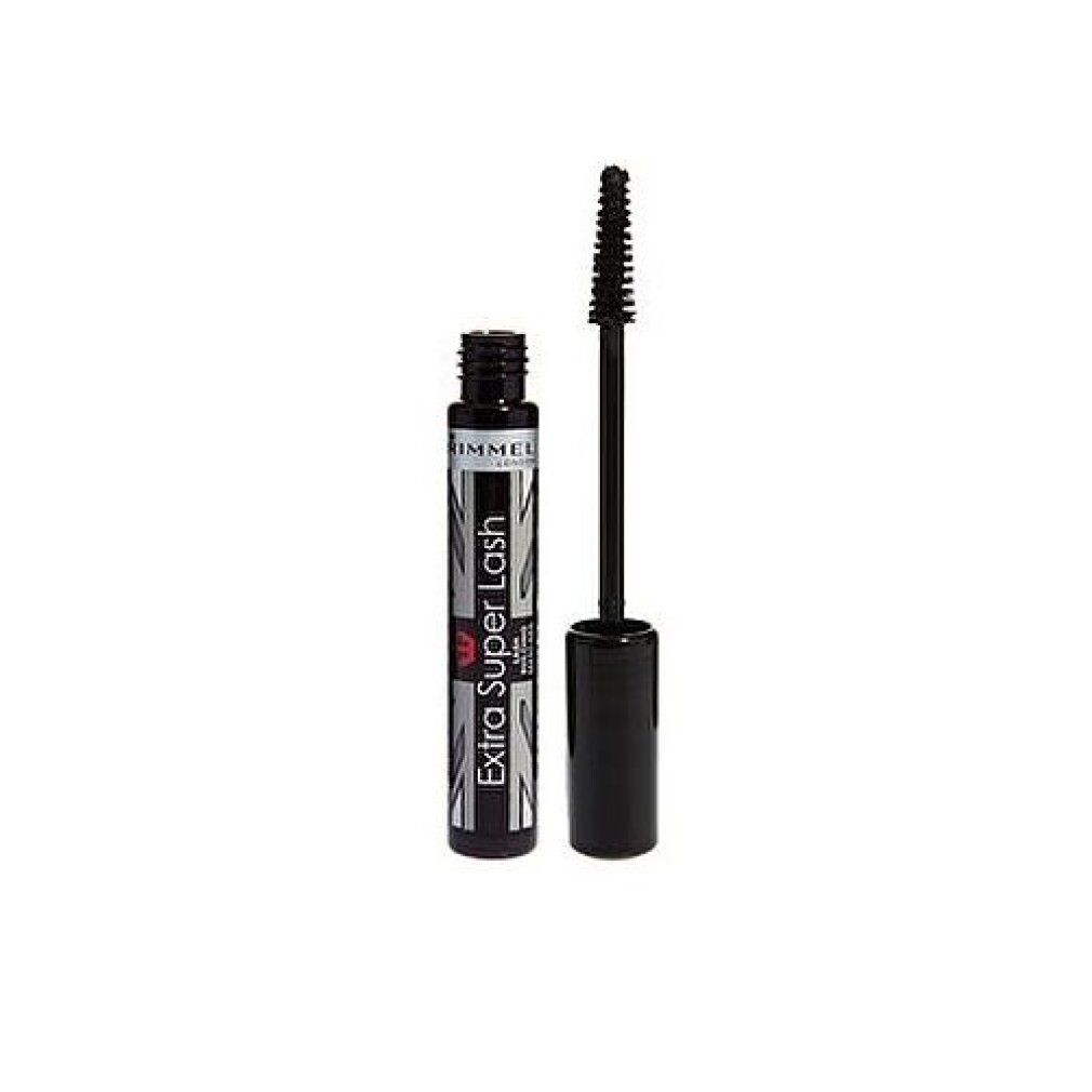Schwarze Mascara-Tube und Bürste. Aufschrift: Rimmel Extra Super Lash.