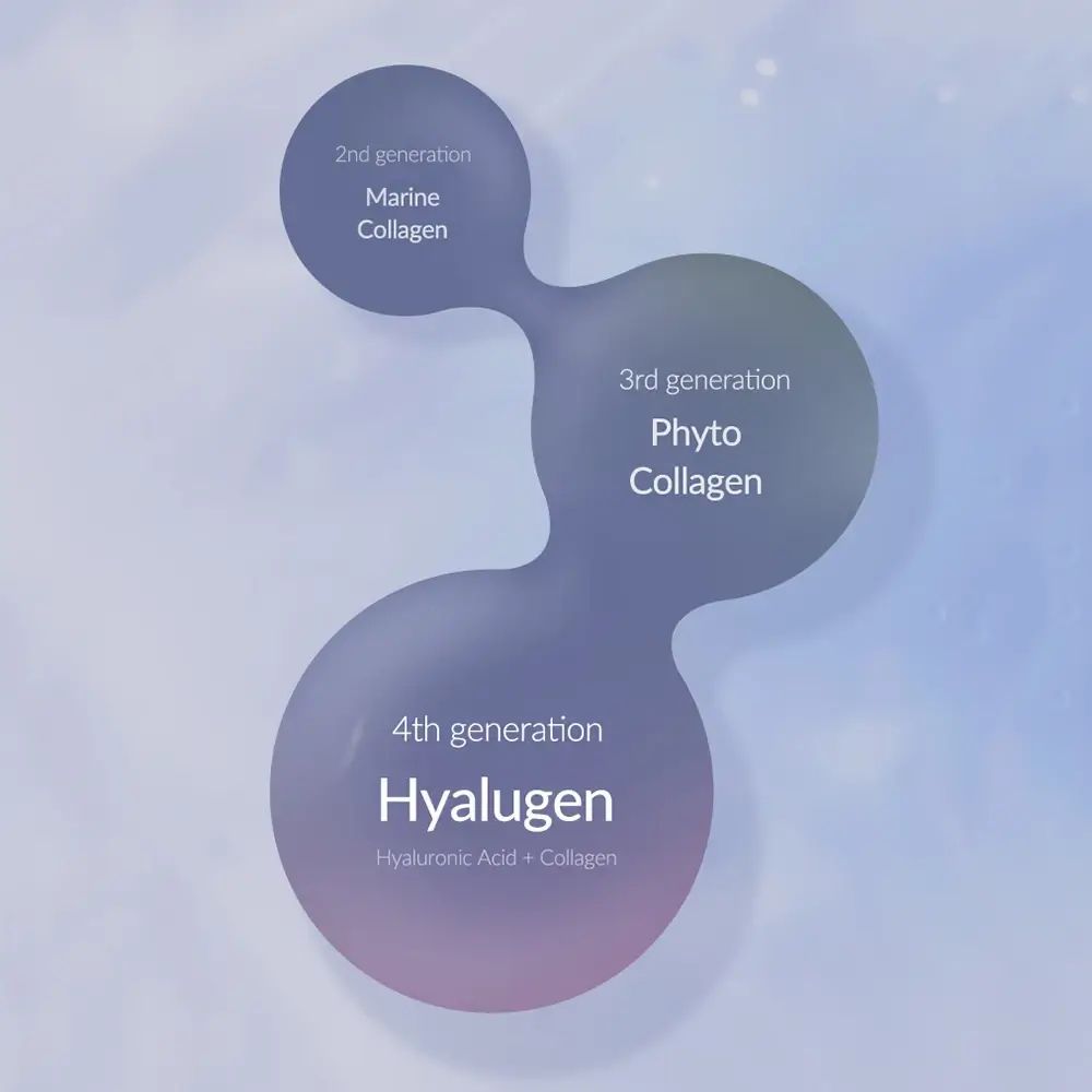Grafik mit drei Kreisen. Text: 2nd generation Marine Collagen, 3rd generation Phyto Collagen, 4th generation Hyalugen.