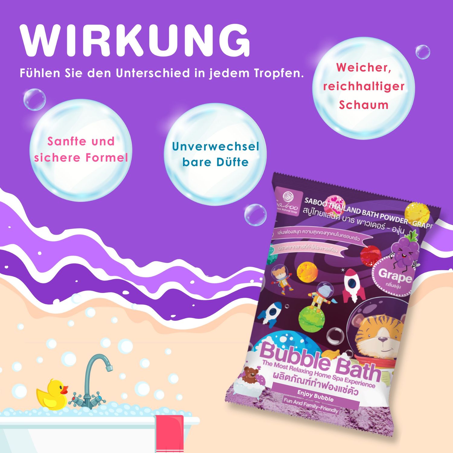 Abbildung der Wirkung von Schaumbad-Pulver. Illustrationen von Blasen und einem Badezimmer. Text in Deutsch.