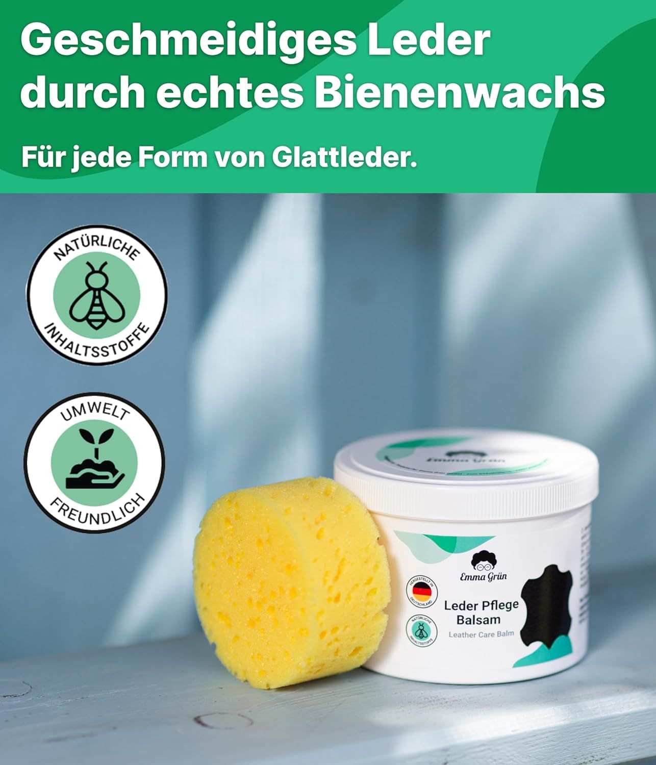 Produkt mit Schwamm. Text: "Geschmeidiges Leder durch echtes Bienenwachs". Umweltfreundlich-Symbol.
